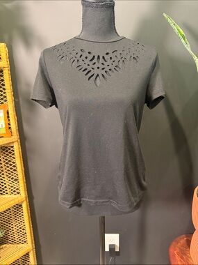 Black Women's Short Sleeve Top with Cutout Yoke
